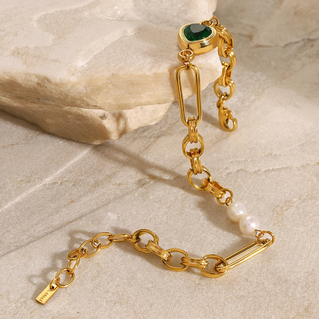 J&D Dainty 18k Gold Stainless Steel Pearl and Water Drill Freshwater Pearl Green Heart Bracelets