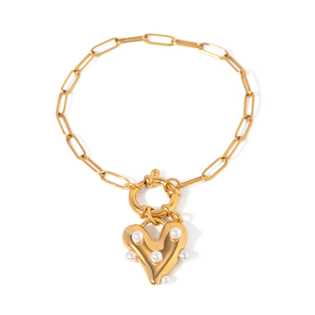 J&D Designer 20cm Stainless Steel Women Bracelet 18K Gold Plated Big Heart Pearl Pendant Bracelet
