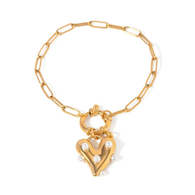 J&D Designer 20cm Stainless Steel Women Bracelet 18K Gold Plated Big Heart Pearl Pendant Bracelet