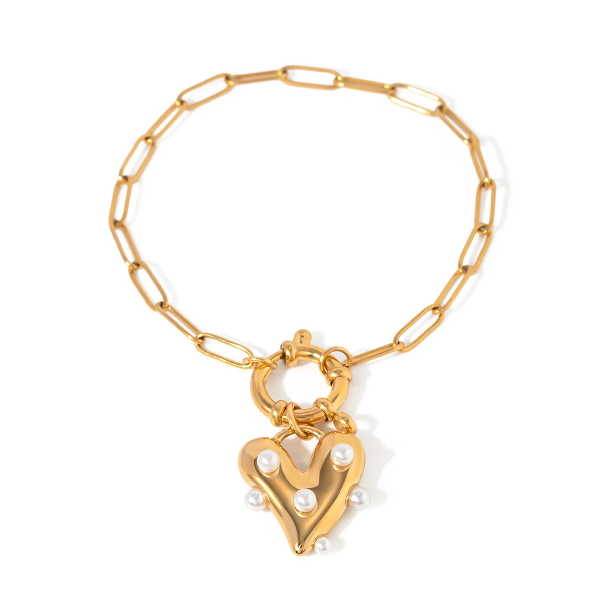 J&D Designer 20cm Stainless Steel Women Bracelet 18K Gold Plated Big Heart Pearl Pendant Bracelet