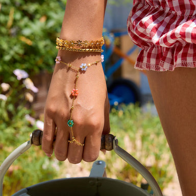 J&D 18K Gold Plated Stainless Steel Bracelets Sweet Romantic Colorful Crystal Flower Hand Chain Finger Bracelet