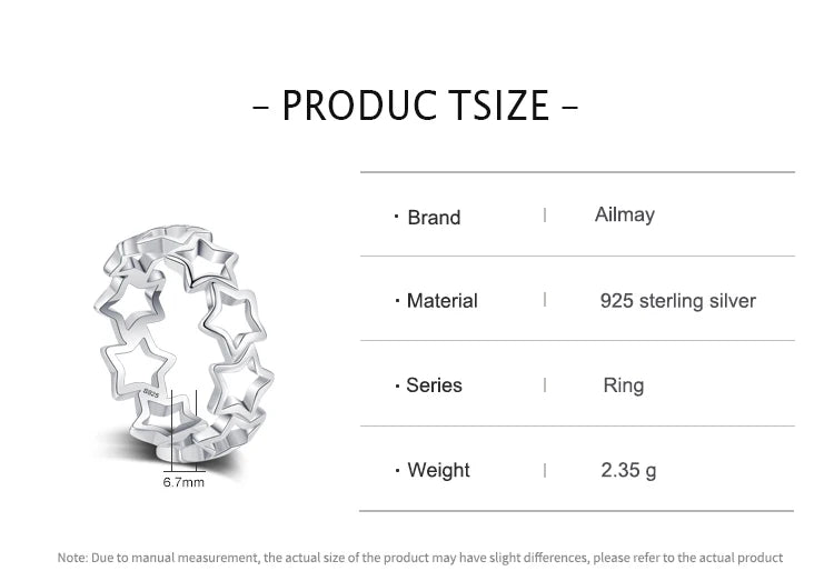 Ailmay Simple Hollow Star Real 925 Sterling Silver Rings for Women Girls Fine Design Ring Statement Jewelry Party Gift
