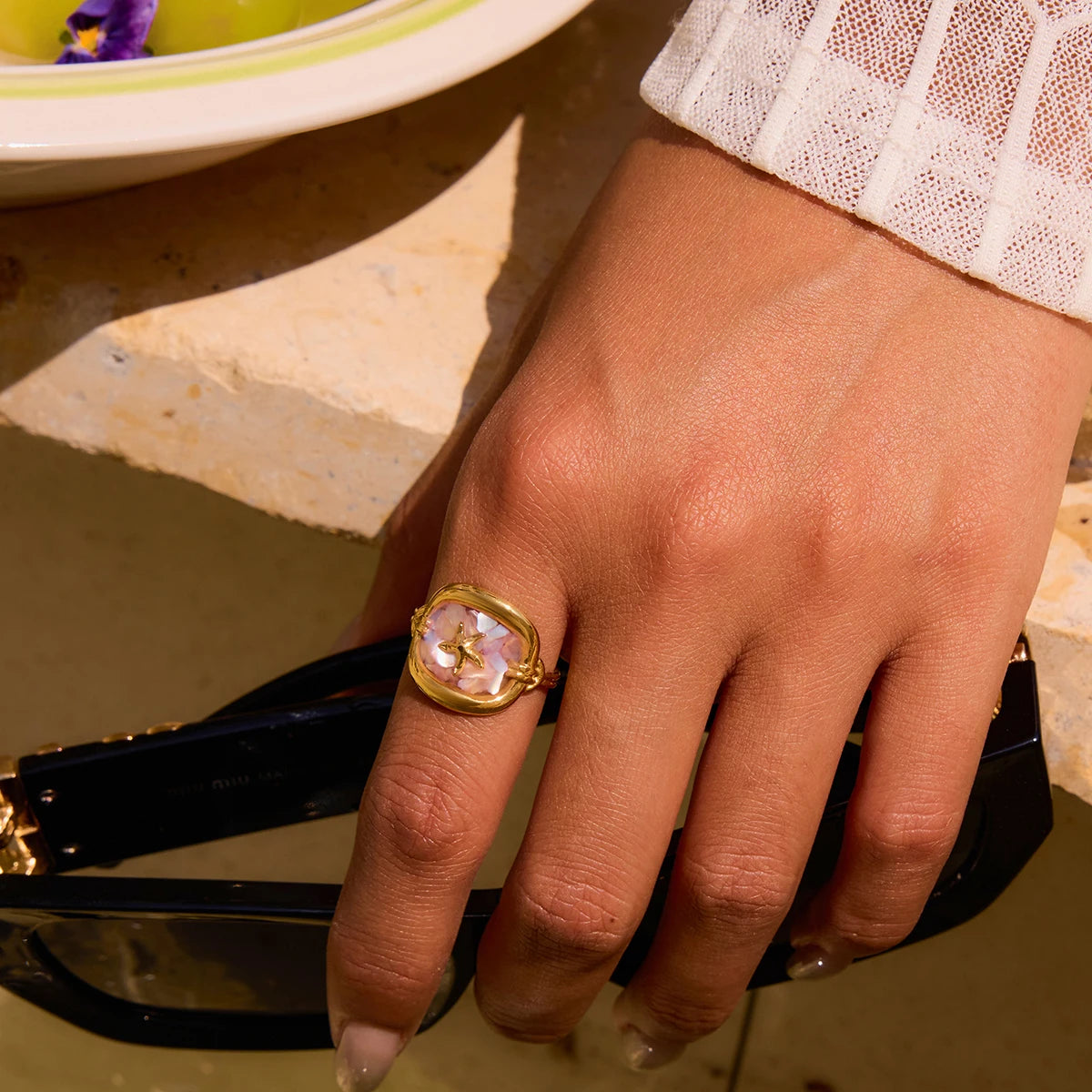J&D Summer Ocean Jewelry 18K Gold Stainless Steel Pink Crushed Shell Square Starfish Open Rings