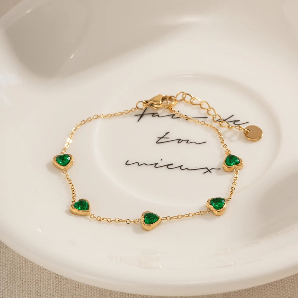 14K Gold Plated Stainless Steel Fine Chain Jewelry Gift Charm Mulit Green Heart Cubic Zirconia Bracelet