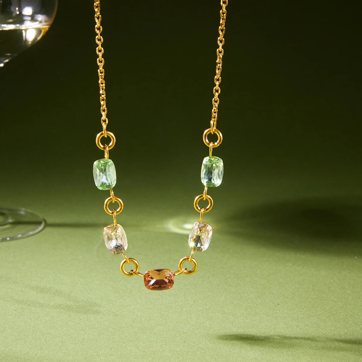 J&D 18K Gold Plated Stainless Steel Rhinestone Cross Necklace Square Colored Crystal Pendant Elegant Fashion Jewelry Women