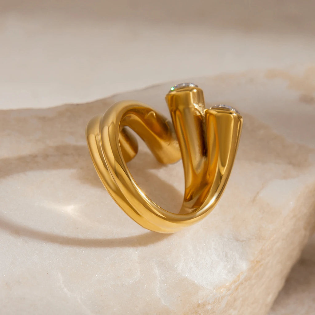 J&D 18K Stainless Steel Waterproof Tarnish Free Gold Plated Glass Zircon Double Line Open Ring