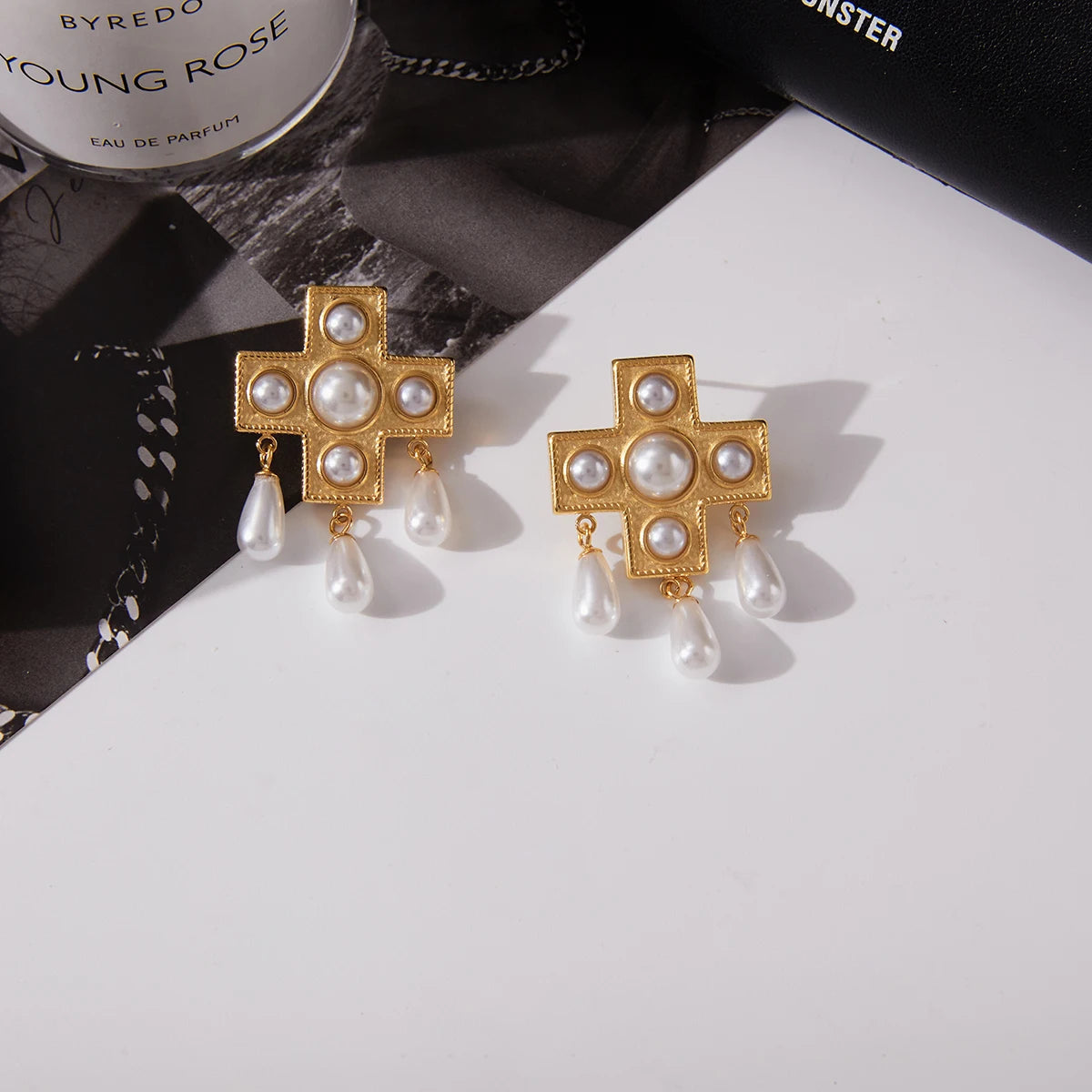 Cross Shaped Glass Pearl Drop Earring