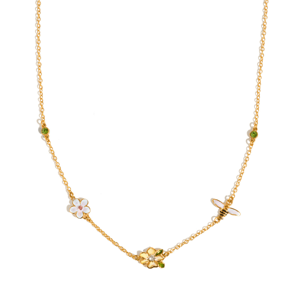 J&D Jewelry 18K Gold Plated Stainless Steel Enamel Bee Flower Choker Necklace with Green Rhinestone for Women