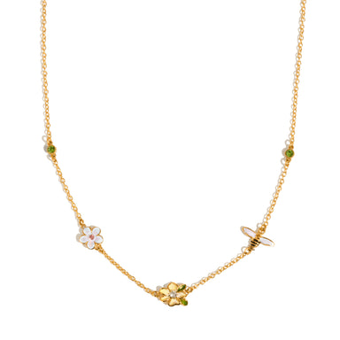 J&D Jewelry 18K Gold Plated Stainless Steel Enamel Bee Flower Choker Necklace with Green Rhinestone for Women