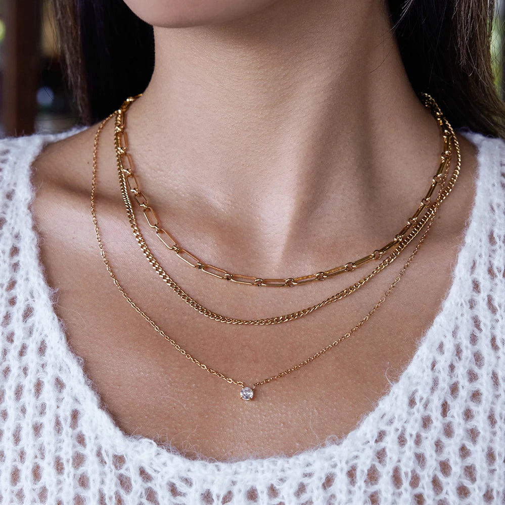 Three Layers Cuban Paper Clip O Shape Chain Necklace