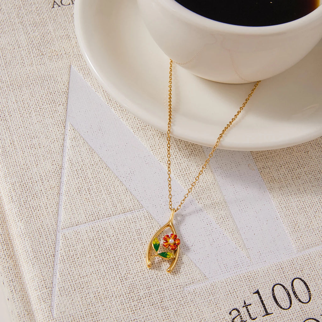 Flower Lucky Bone Wishbone Pendant Necklace