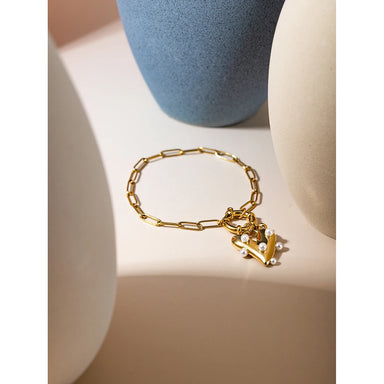 J&D Designer 20cm Stainless Steel Women Bracelet 18K Gold Plated Big Heart Pearl Pendant Bracelet