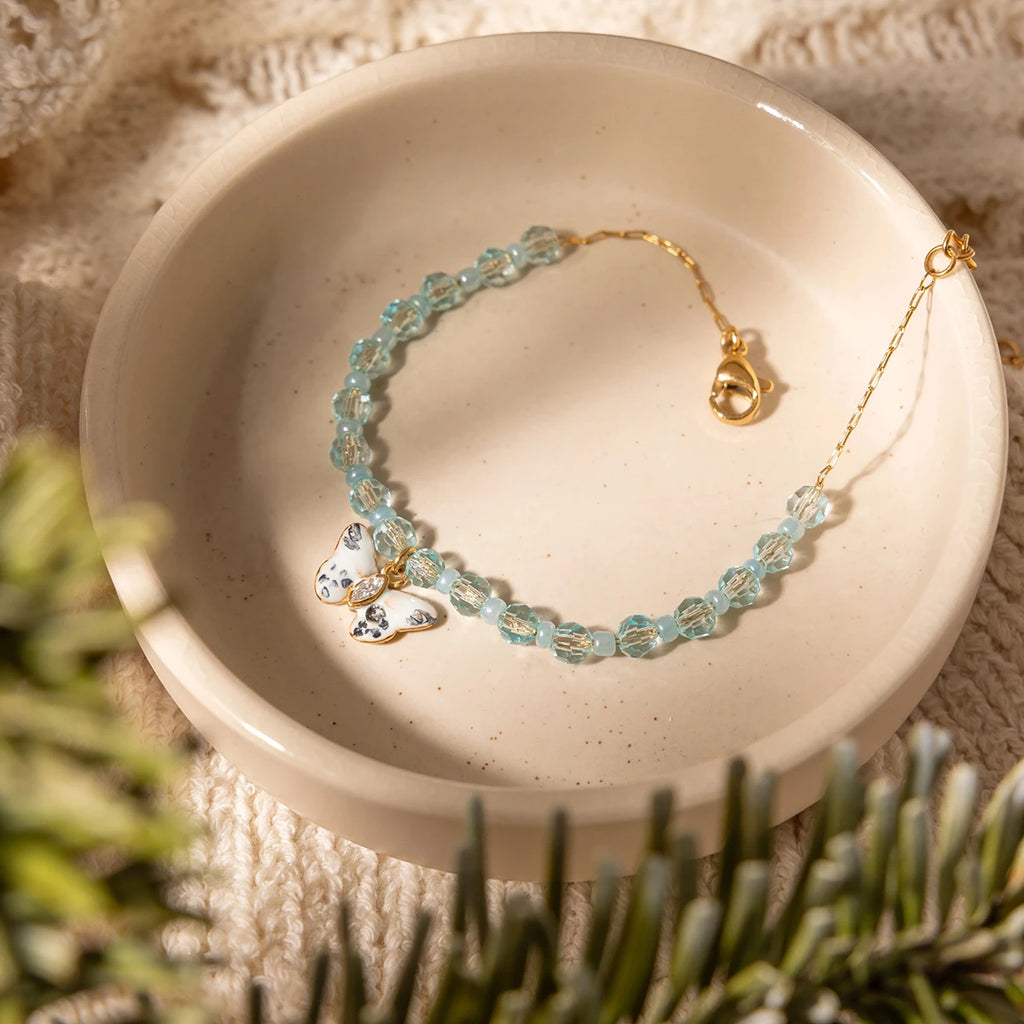 J&D Jewelry 18K Gold Plated Stainless Steel Blue Beaded Bracelet with Enamel Butterfly Pendant with Zircon for Women