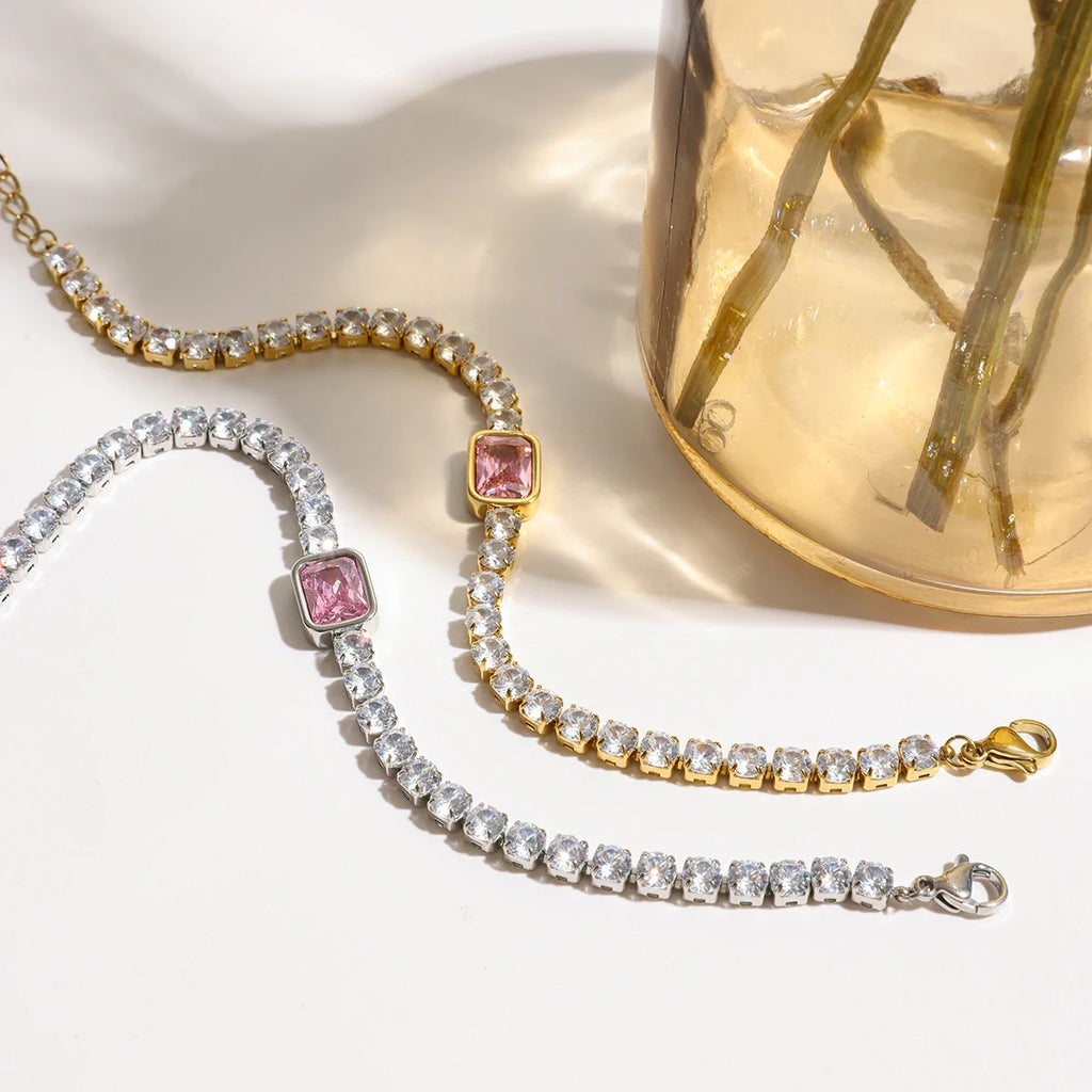 J&D 18K Gold Plate Stainless Steel Bracelet Trendy Sweet Romance Pink White Square Zircon Tennis Bracelets