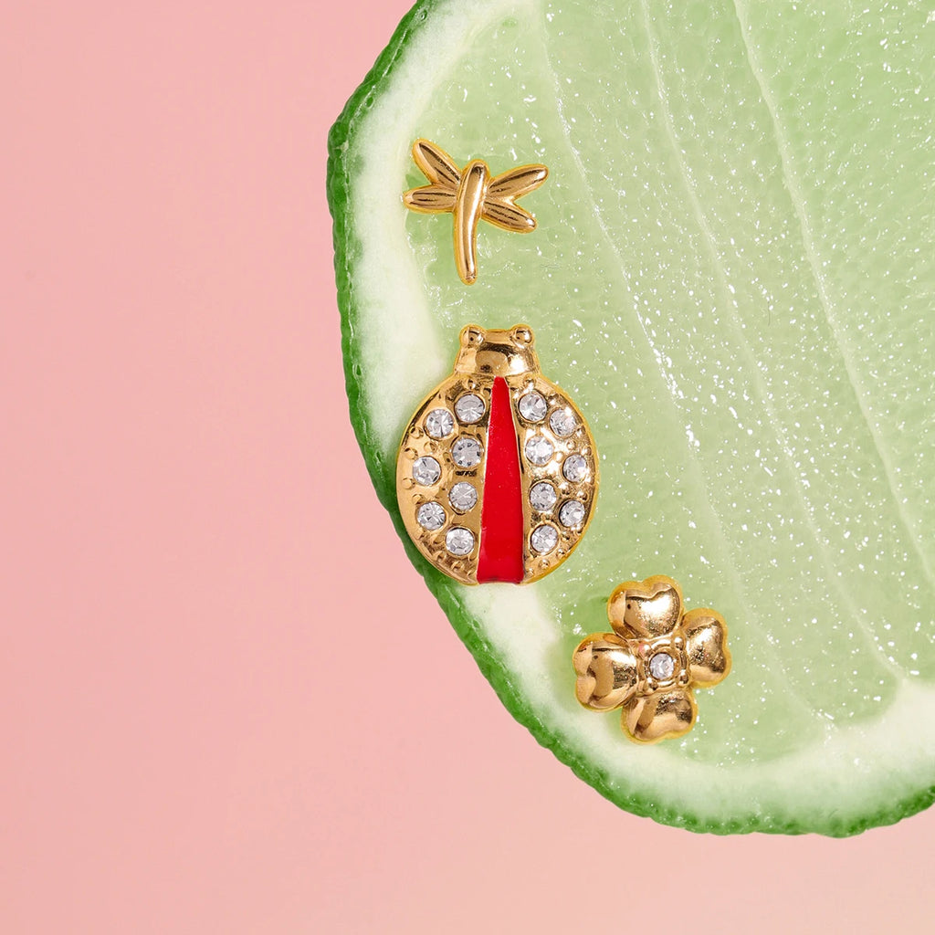 Four-Leaf Clover Red Drop Oil Ladybug Earring 3 pieces set