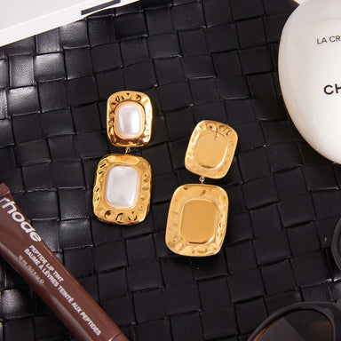 White Pearl Cab Hammer Texture Square Layer Drop Earrings