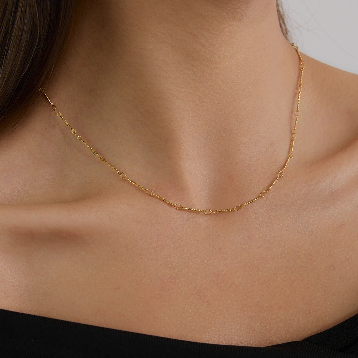 J&D 18k PVD Gold Plated Stainless Steel Necklace Vintage Simple Handmade Chain Bar Necklace Choker