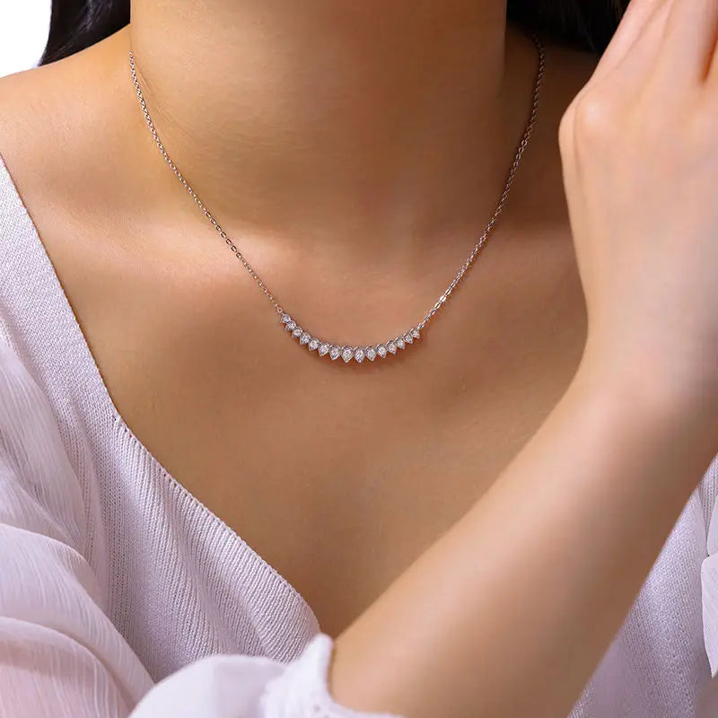 S925 Sterling Silver Moissanite Smiley Pendant Necklace Pear Shape Bezel-Set Pave Diamond-Style Necklace