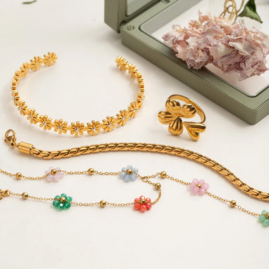 J&D 18K Gold Plated Stainless Steel Bracelets Sweet Romantic Colorful Crystal Flower Hand Chain Finger Bracelet
