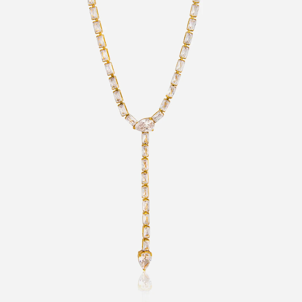 J&D 18K Gold Plate Stainless Steel Necklace Trendy Classic White Zircon Y Chain Snake Pendant Necklace