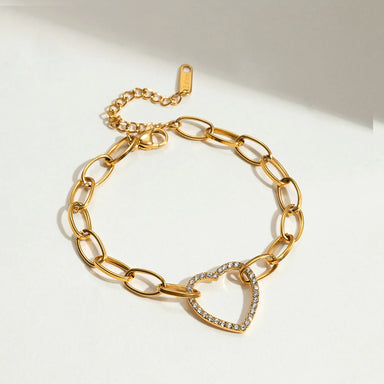 J&D Classic 18K Gold Plated Stainless Steel Bracelet Heart Rhinestone Link Chain Bracelet Jewelry