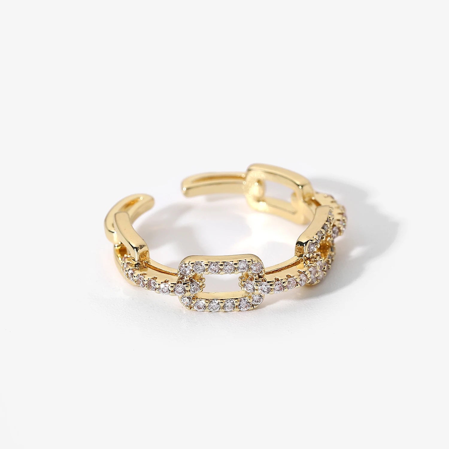 18K Gold Plated Copper Square Buckle Link Chain Opening Trendy Engagement Zircon Ring for Women for Parties and Anniversaries