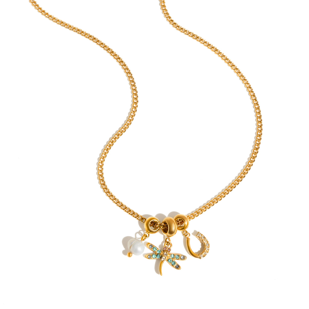 J&D Jewelry 18K Gold Plated Stainless Steel Freshwater Pearl and Zircon Dragonfly Horseshoe Charm Necklace for Women