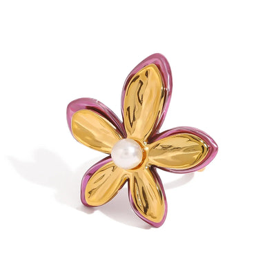 Pink Enamel Glass Pearl Flower Open Ring
