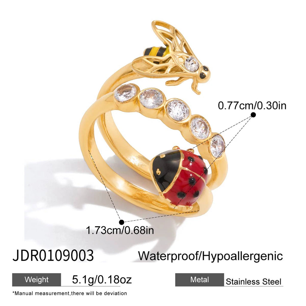 J&D Triple Layer Open Ring for Women Stainless Steel Enamel Ladybug Bee and Zirconia Nature Inspired Dainty Stacking Jewelry