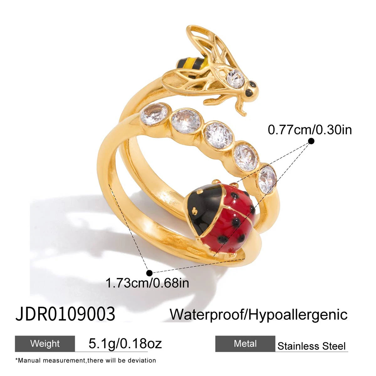 J&D Triple Layer Open Ring for Women Stainless Steel Enamel Ladybug Bee and Zirconia Nature Inspired Dainty Stacking Jewelry