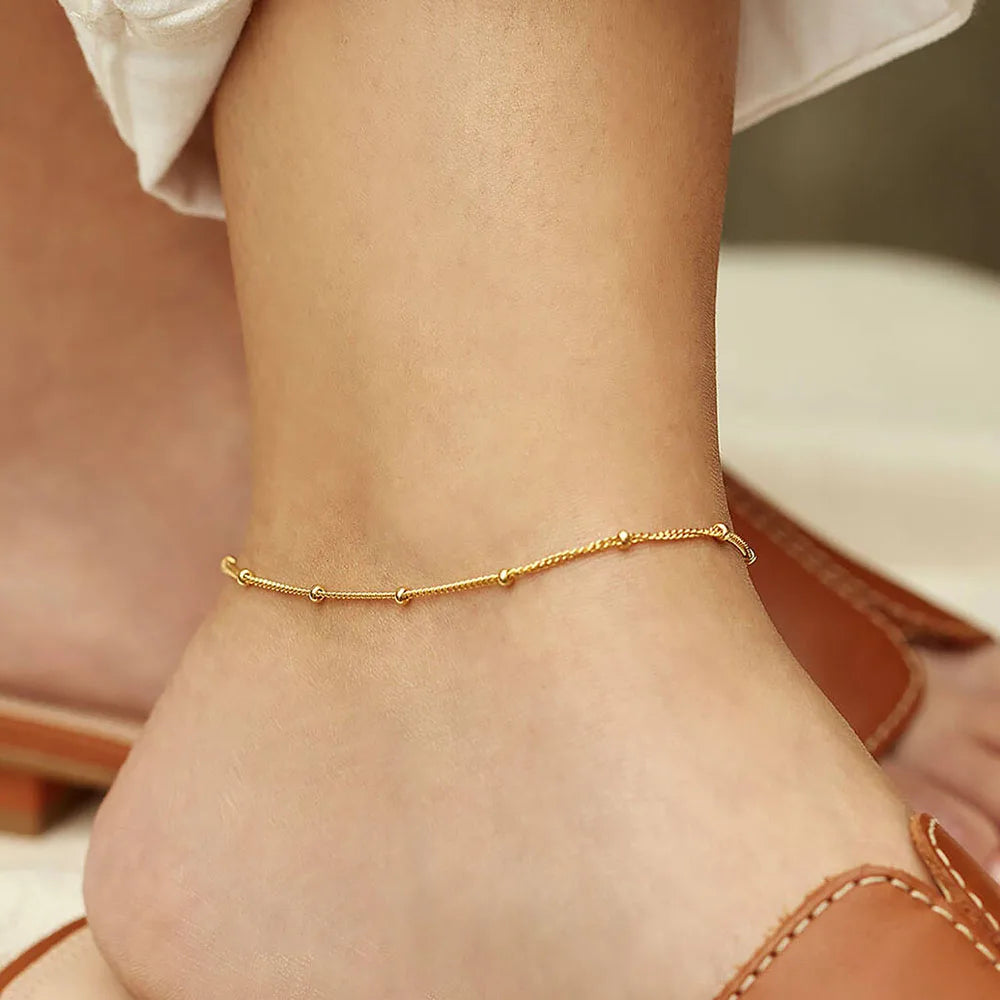 J&D 18k Gold Plated Stainless Steel Anklet Gold-Plated Trendy Chain Design Stylish Round Bead Anklet