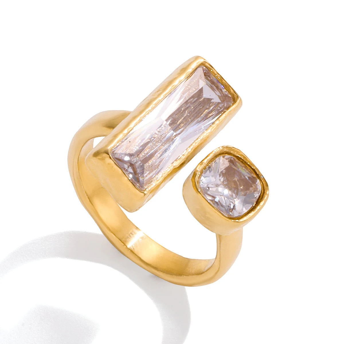 J&D 18K PVD Gold Plated Stainless Steel Ring Waterproof Classic Trendy White Rhinestone Open Ring