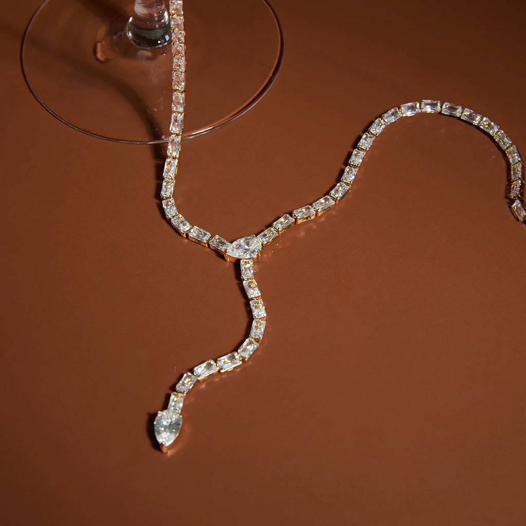 J&D 18K Gold Plate Stainless Steel Necklace Trendy Classic White Zircon Y Chain Snake Pendant Necklace