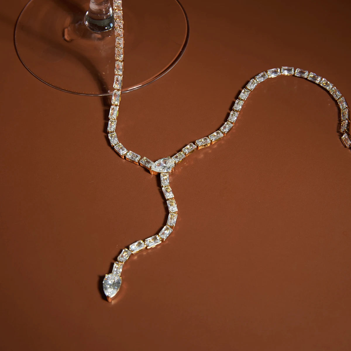 J&D 18K Gold Plate Stainless Steel Necklace Trendy Classic White Zircon Y Chain Snake Pendant Necklace