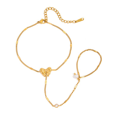 Modern Fashion Jewelry 18k Gold Hand Chain Link Bracelet Women Bow Finger Zirconia Pearl Chain Bracelet