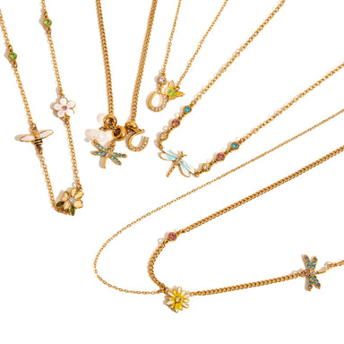 J&D Jewelry 18K Gold Plated Stainless Steel Blue Enamel Dragonfly Necklace with Yellow Pink Blue Rhinestone for Women