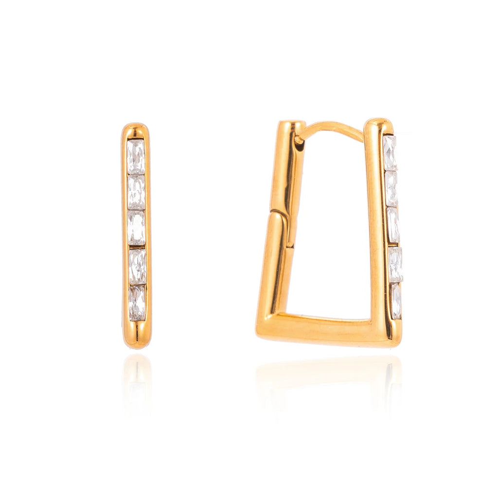 J&D Trendy Classic Geometric Trapezoid Earring 18K Gold Stainless Steel Square Zircon Crystal Hammer U Shape Geometric Earring