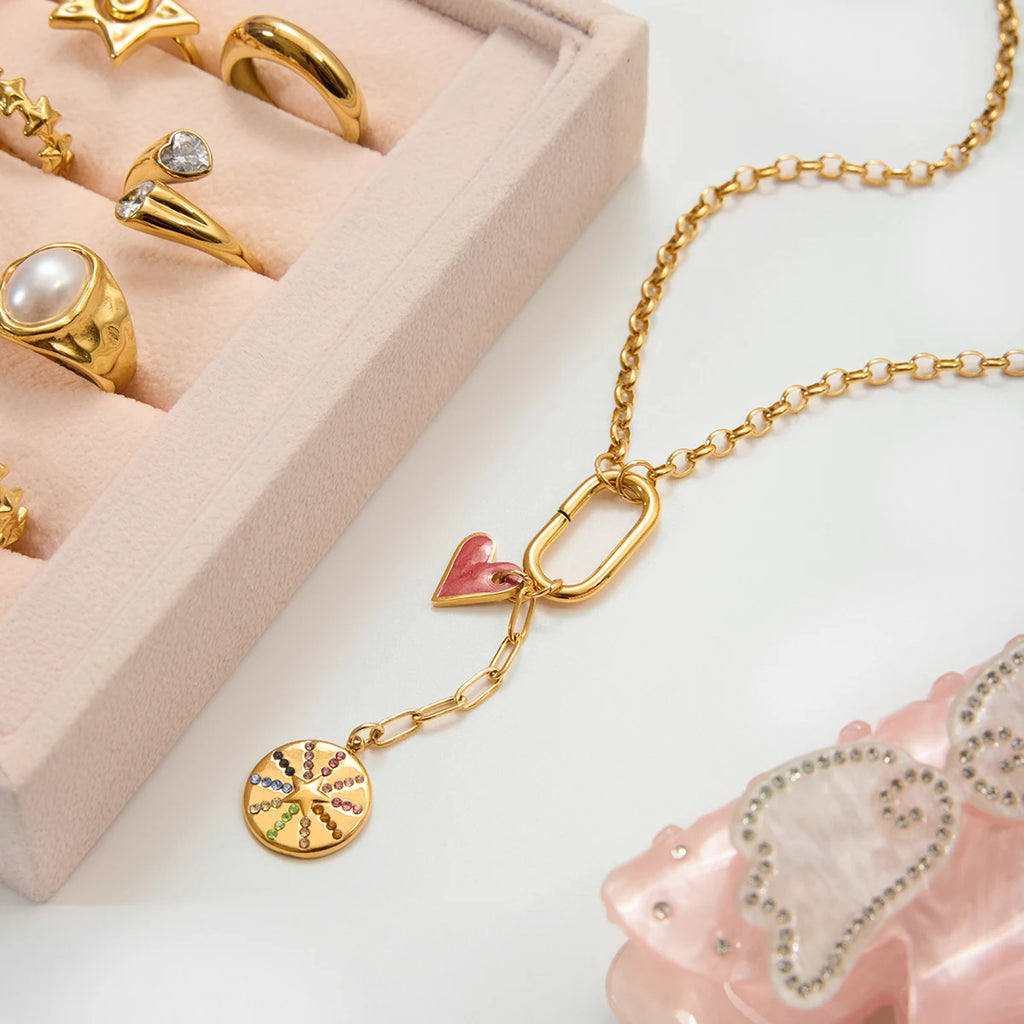Enamel Colorful Rhinestone Heart Pendant Tassel Y Chain Necklace