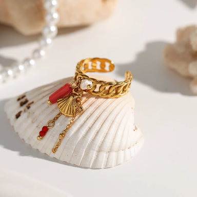 J&D Ocean Dainty 18K Gold Plated Stainless Steel Open Rings Coral Red Crystal Shell Chain Ring Fashion Jewelry