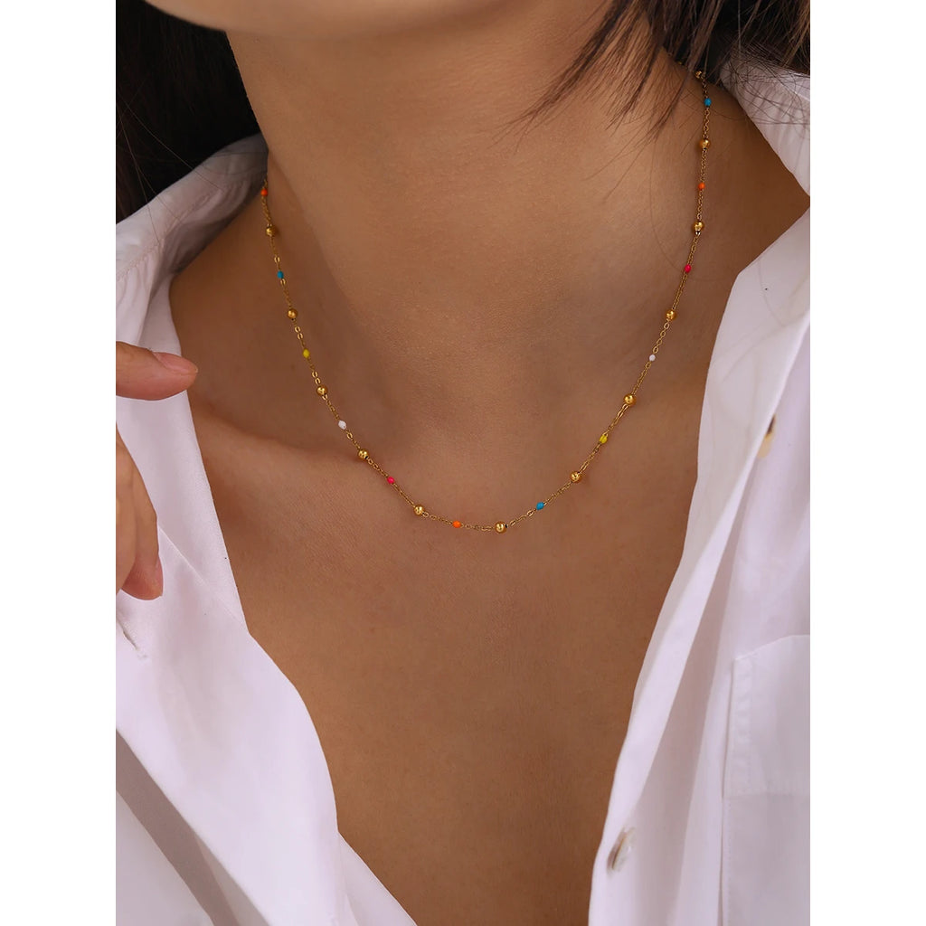 J&D Waterproof 14K Gold Plated Stainless Steel Jewelry Simple Minimalist Colorful Enamel Bead Chain Necklace
