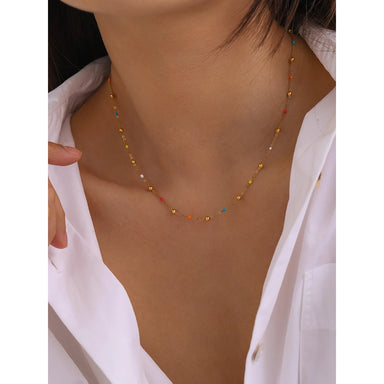 J&D Waterproof 14K Gold Plated Stainless Steel Jewelry Simple Minimalist Colorful Enamel Bead Chain Necklace