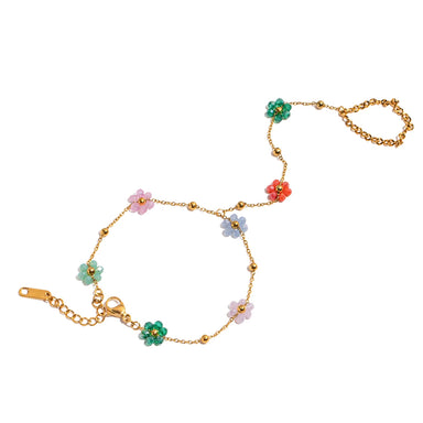 J&D 18K Gold Plated Stainless Steel Bracelets Sweet Romantic Colorful Crystal Flower Hand Chain Finger Bracelet