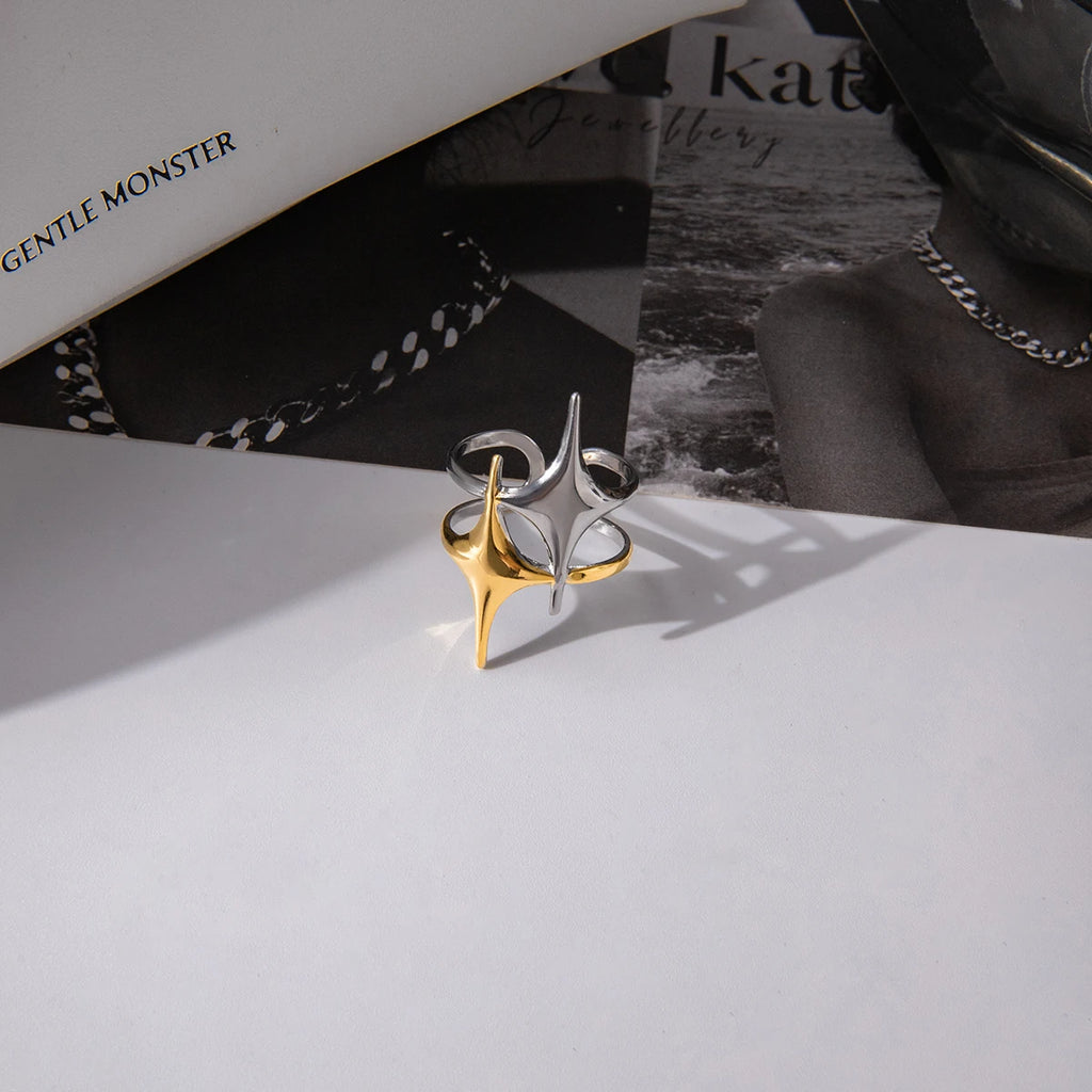 J&D Minimalist 18K Gold Plated Stainless Steel Ring Mangxing Double-Layer Hollow Opening Ring