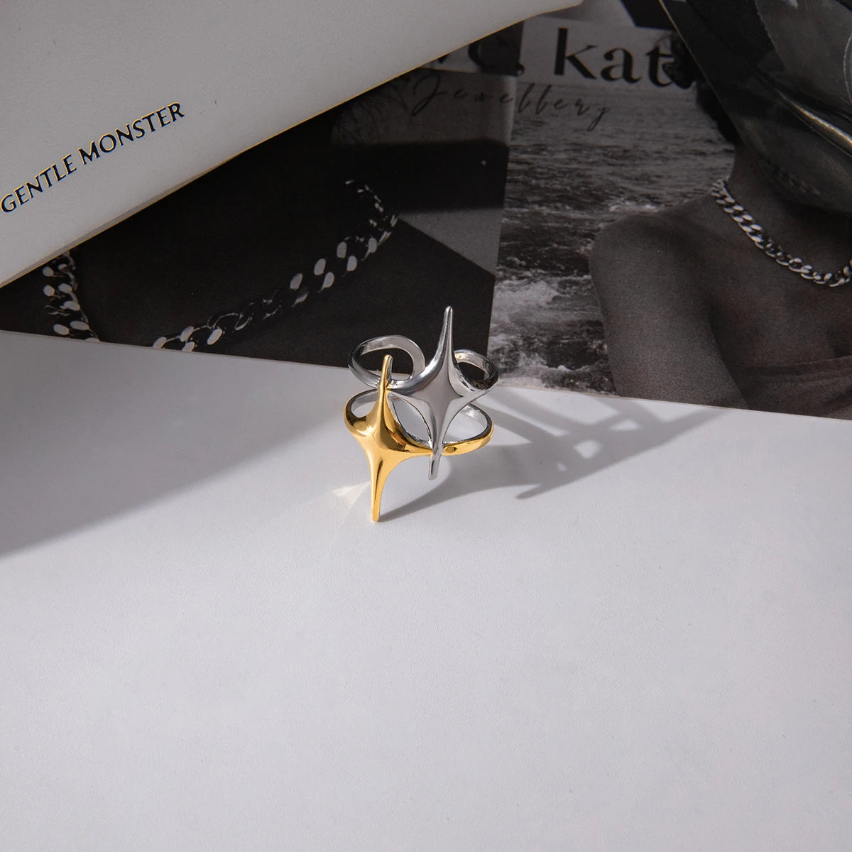 J&D Minimalist 18K Gold Plated Stainless Steel Ring Mangxing Double-Layer Hollow Opening Ring