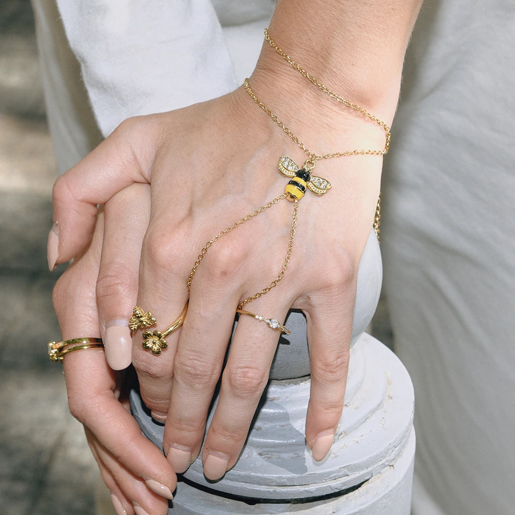 New Arrival  Women's Stainless Steel  Bracelet Chain White Zircon Bee Animal Double-Layer Finger Bracelet Jewelry