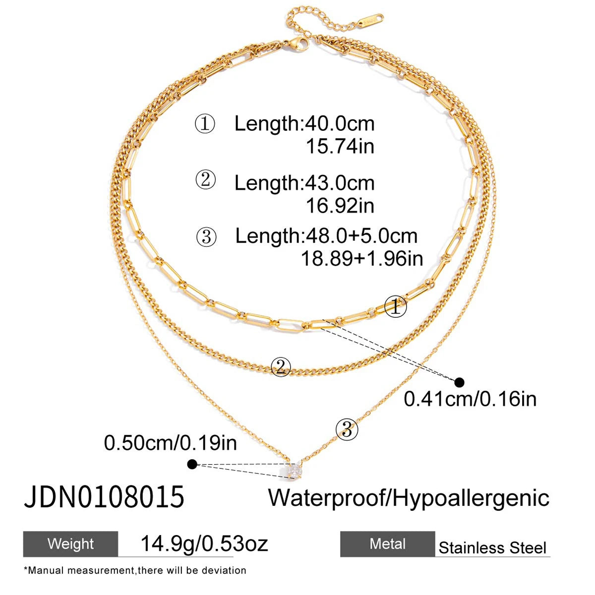 Three Layers Cuban Paper Clip O Shape Chain Necklace