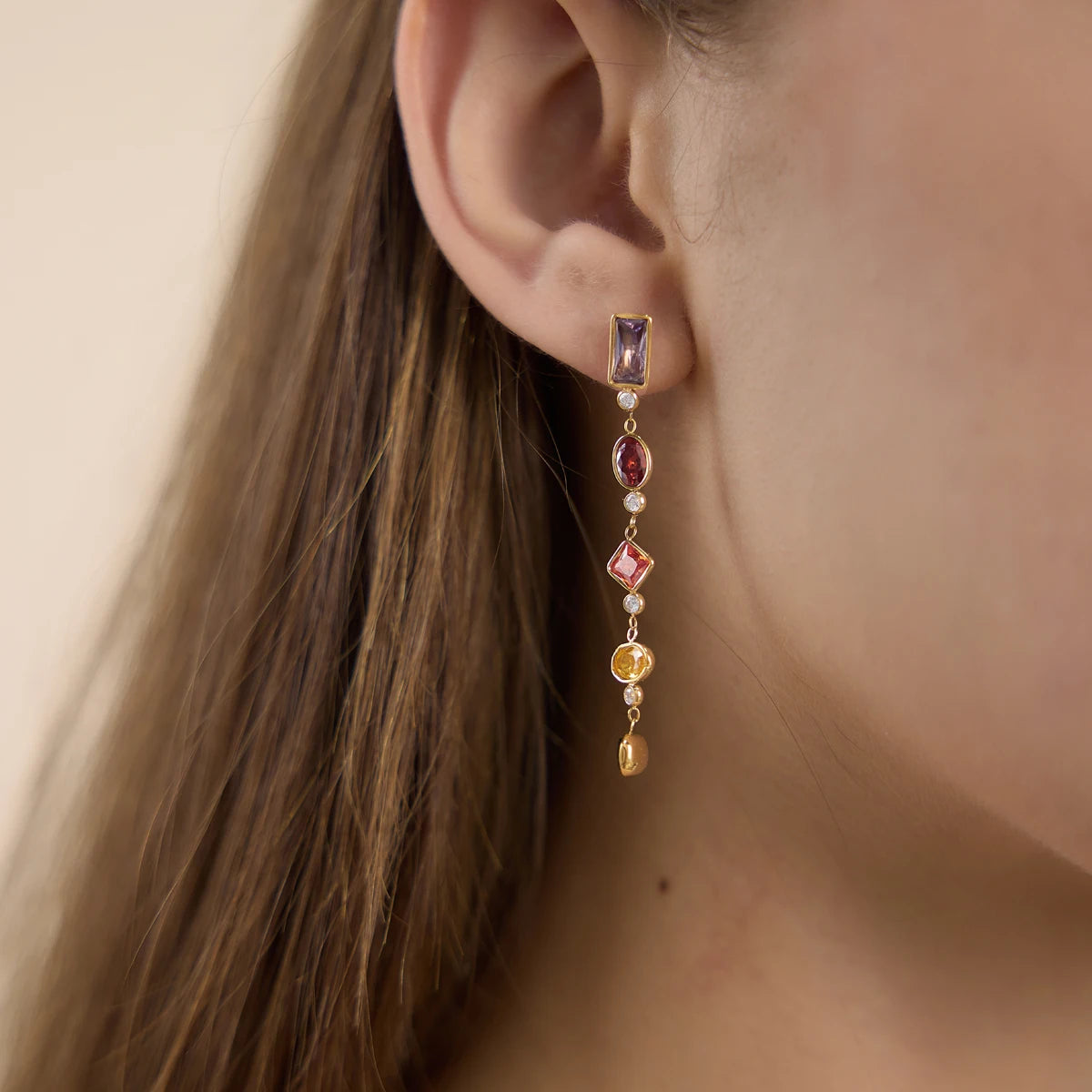 J&D Jewelry Asymmetric AB Colorful Geometric Zirconia Tassel Earrings Gold Plated Stainless Steel Waterproof Jewelry for Women