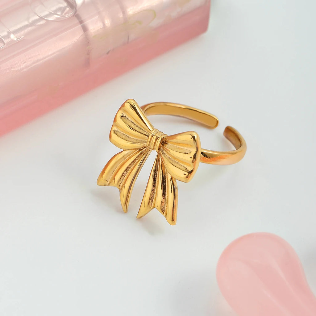 J&D Jewelry Ring 18K Gold Plated Stainless Steel Waterproof Bow Knot Opening Ring for Woman
