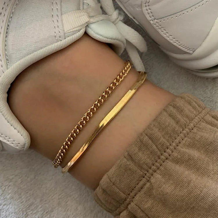 Best Selling 5mm Snake Chain Gold 316L Stainless Steel Anklets Set 18K Gold Foot Jewelry Cuban Link Chain Anklets for Women