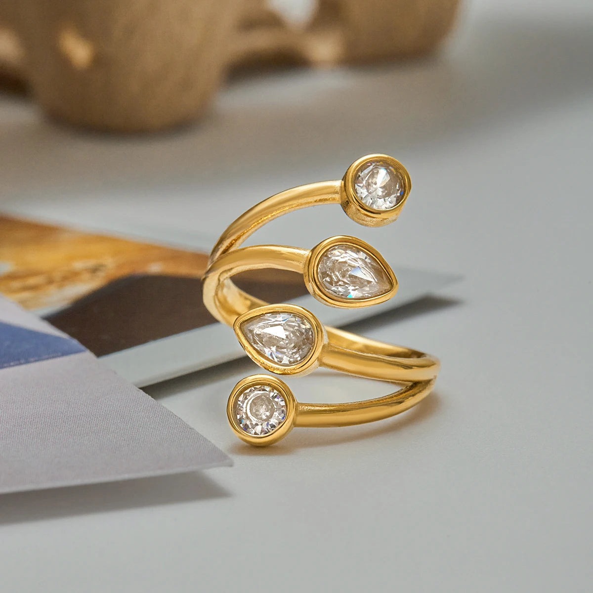 J&D Trendy Teardrop Curated Stack Ring 18K Gold CZ Open Band Minimalist Fashion Jewelry for Women Everyday